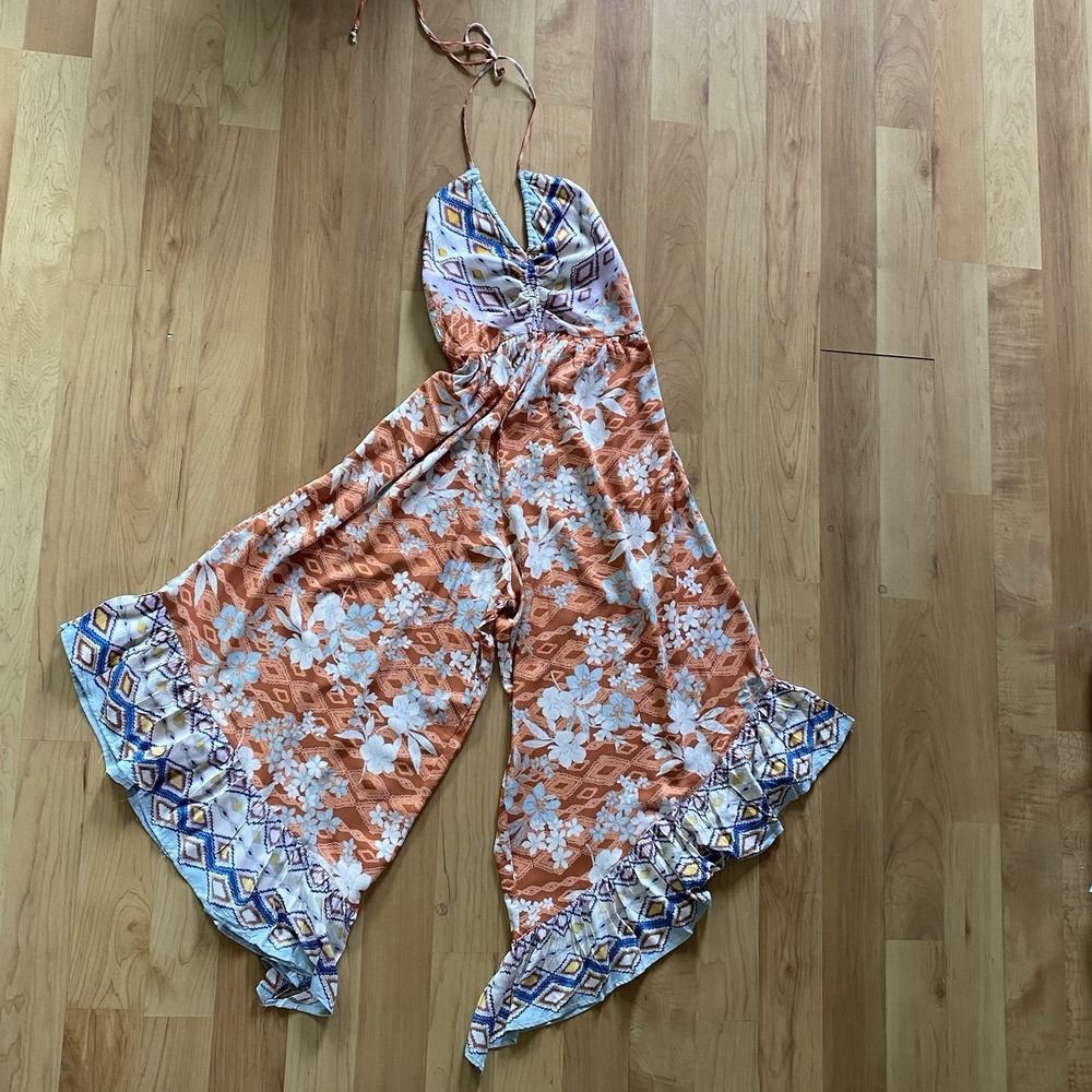 Angie Boho Mixed Print Halter Jumpsuit L | Wide Leg Ruffle Hem Festival Style - Picture 2 of 11